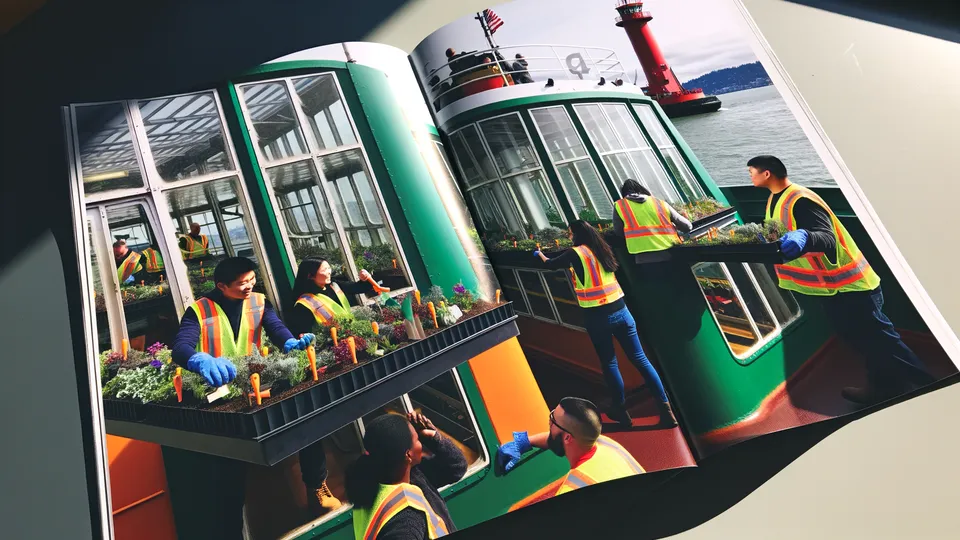 Ferry passengers tending herb planters along the windows