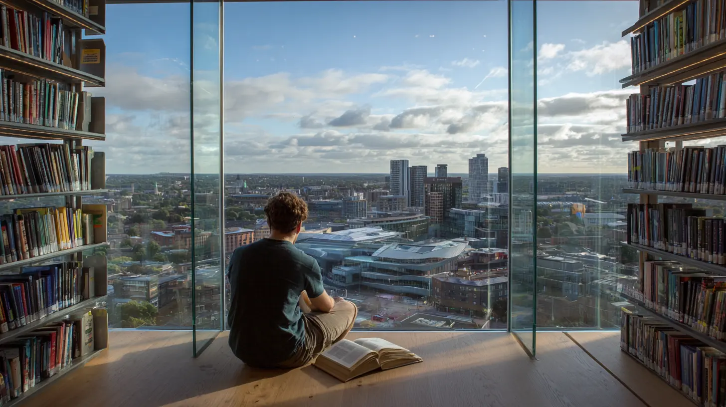 Neighbors reading inside a glass rooftop room overlooking the city