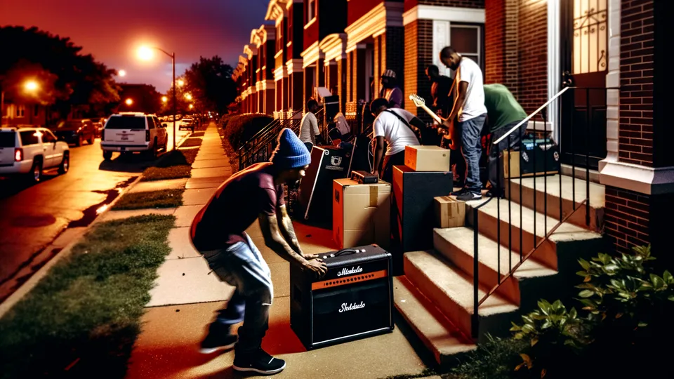 Musicians performing on a stoop as neighbors watch from the curb